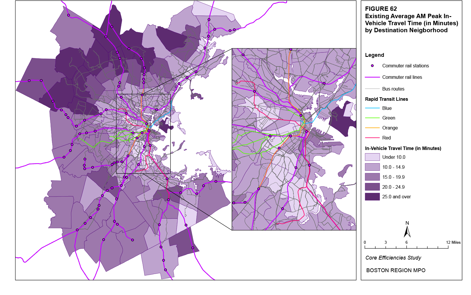 This map shows the existing average AM peak travel times for destination trips by neighborhood.